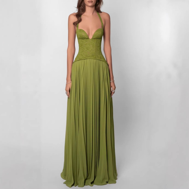 European and American Cross-Border 2025 New Women's Fashion Amazon Sexy Halter Neck Backless Low-Neck Waist-Cinching Ruched Strap Dress European and American Cross-Border 2025 New Women's Fashion Amazon Sexy Halter Neck Backless Low-Neck Waist-Cinching Ruched Strap Dress