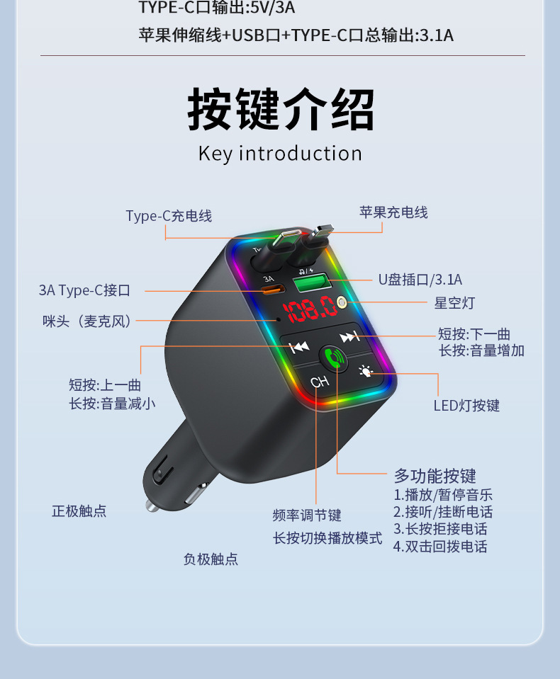Car Mp3 Transmitter Starry Sky Ceiling Bluetooth Function Usb/Pd Fast Charging Cross-Border Supply High-Quality Car Supplies