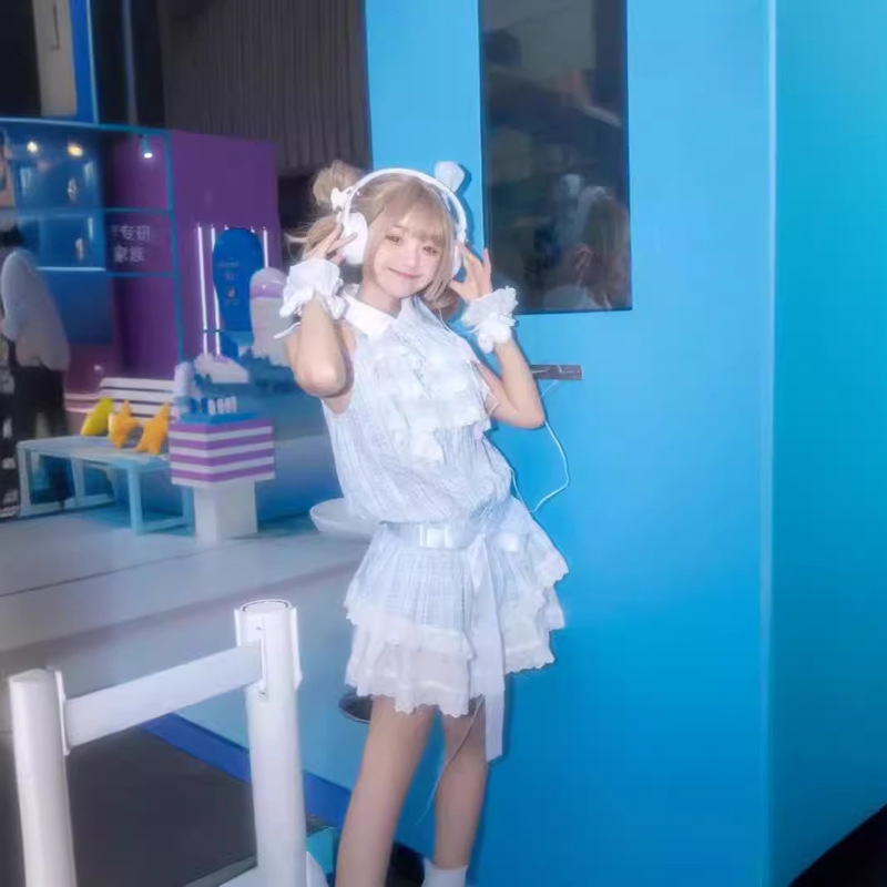 Aqua Plaid Lace Low-waisted Vest Sleeveless Fake Two-piece Lolita Fairy Cake Dress Fluffy A- line dress