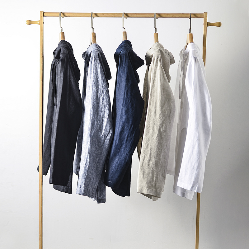 2024 nueva primavera y otoño de lino flojo color sólido con capucha casual Camisa E012