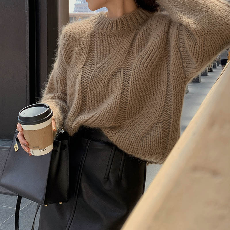 Round Neck Hemp Flower Thick Needle Knitwear Autumn and Winter New Korean Style Solid Color Top Pullover Knitwear Women's Fashion