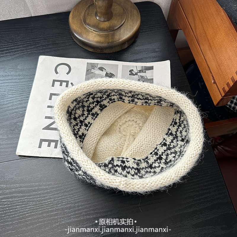 韩系简约针织费尔岛提花毛线帽子女秋冬新款休闲百搭显脸小冷帽潮|undefined