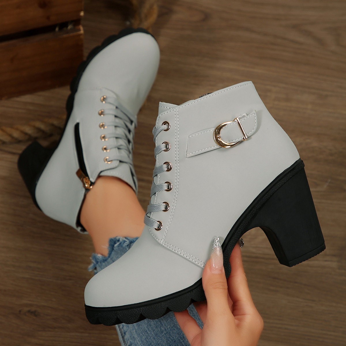 ShoeVault Women's Leather Low-Cut Chunky Round Toe High Heel Lace-Up Brown Ankle Boots Spring Autumn Plus Size Height Increasing_vogvips.com