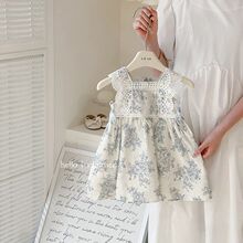 纯棉夏季法式田园风女童碎花背心裙蝴蝶结方领无袖裙儿童连衣裙
