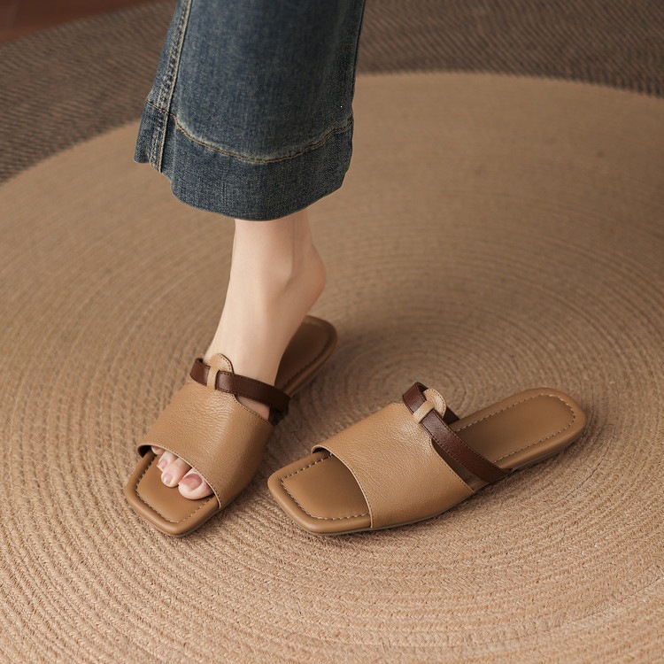 Dép sandal nữ xỏ ngón đế bệt phối màu hở mũi thời trang — màu trắng ngà, màu mơ chi tiết 73