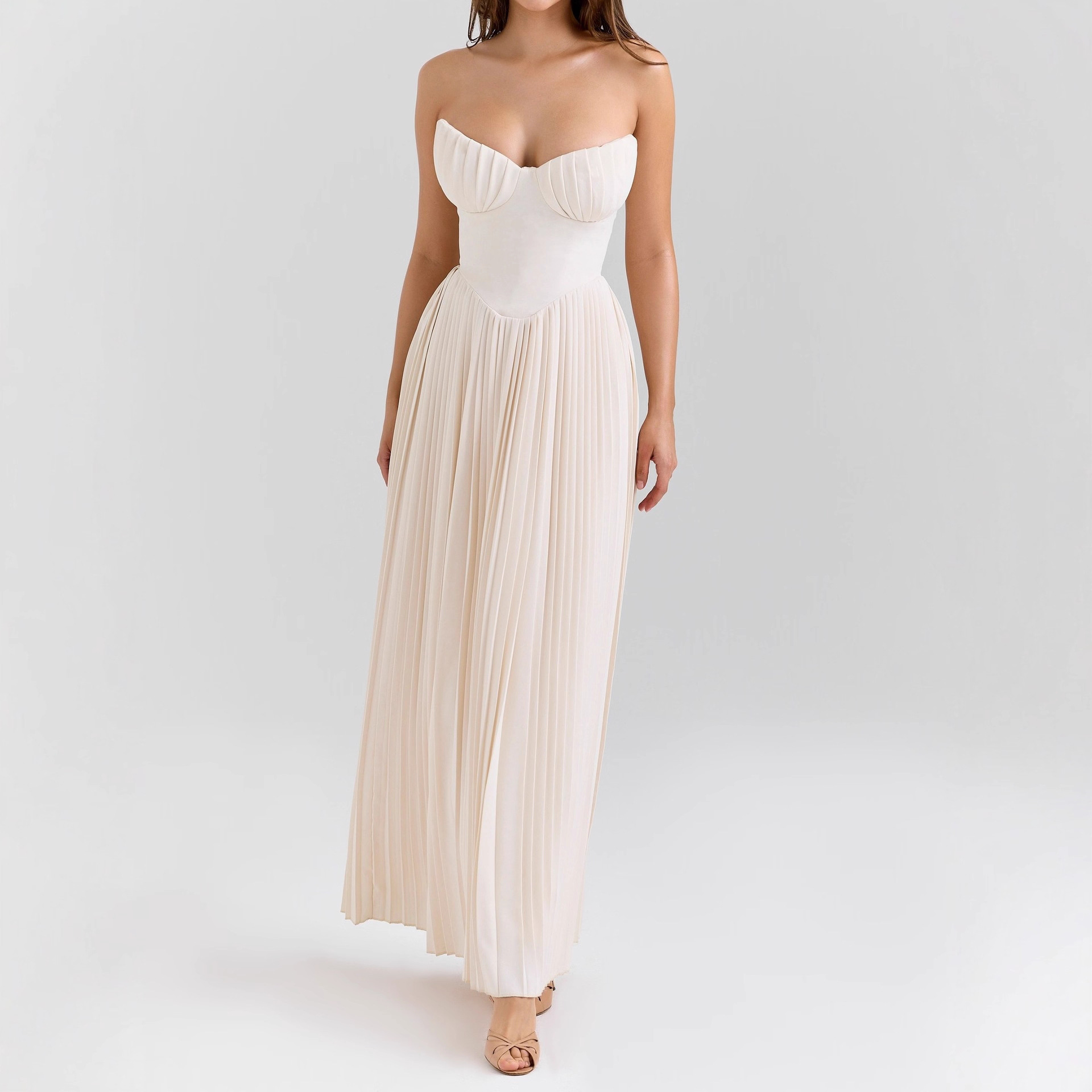 Foreign Trade Princess Style Ivory White French Shell-Shaped Tube Top Skirt Sexy and Elegant Pleated Evening Dress Long Dress