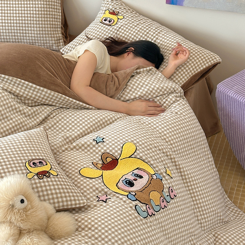 2025 New Milk Velvet Cartoon Four-Piece Towel Embroidered Warm and Cute Thickeneded Quilt Cover Skin-Friendly Three-Piece Dormitory Set