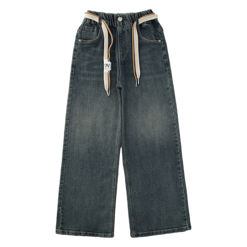 Women's Spring Outerwear Pants 2024 New Middle-Size Children's Leisure Straight Leg Wide Leg Long Pants Spring Children's Jeans