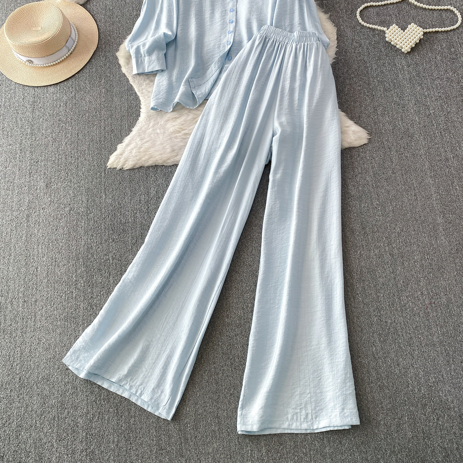 Mambo Mint Green Women's Clothing Set Refreshing Skin Friendly Breathable Loose Fitting Long Sleeved Shirt Jacket with High Waisted Wide Leg Pants_ecoleips.com