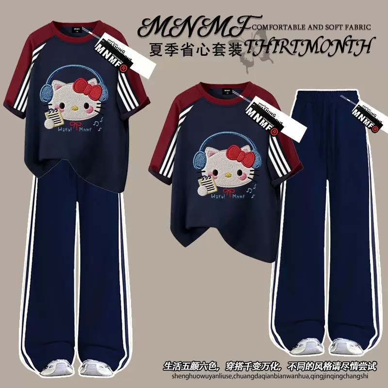 Trendy Cute Cat Print 2026 Summer Girls' Raglan Three-Stripe Short-Sleeve T-Shirt and Long Pants Set for Middle School Students