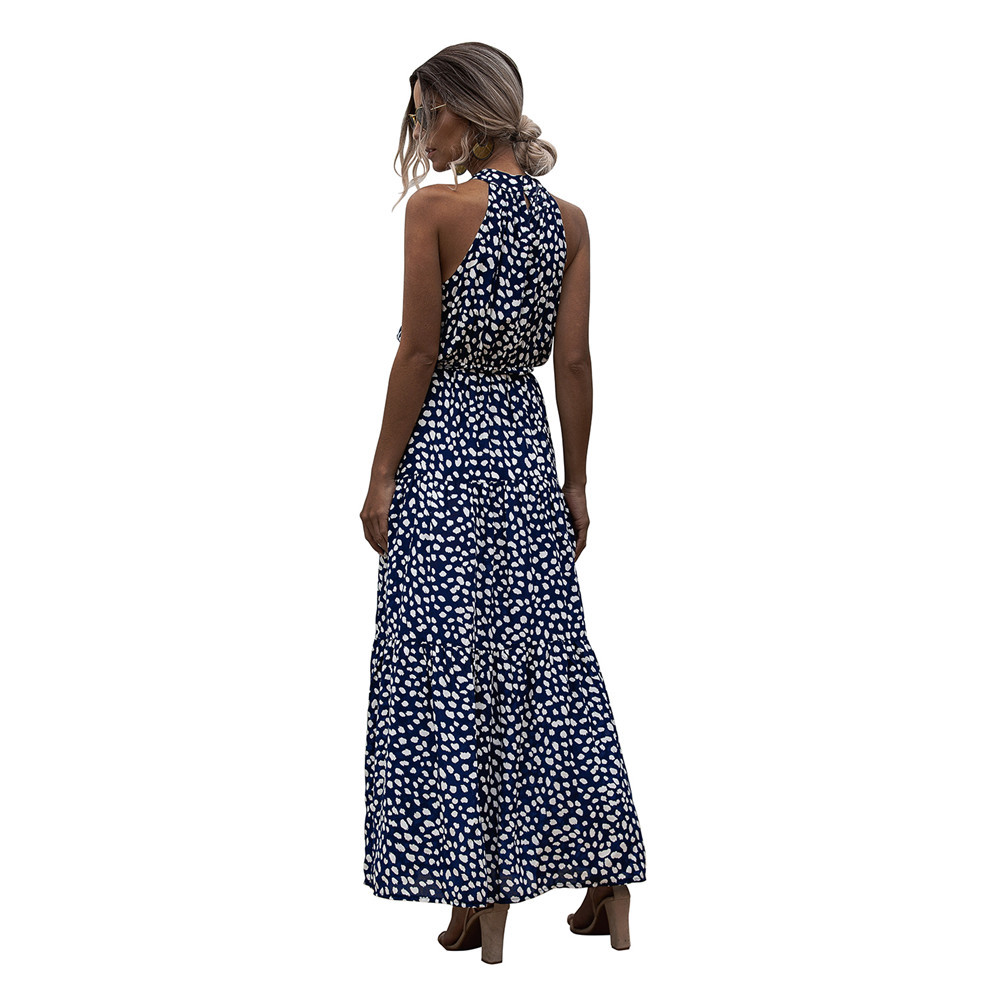 245g Weight Maxi Long Dress Dress Length Type Sleeveless Sleeve Length Polka Dot Dress Dresses Type Sleeveless Sleeve Type Polyester Fabric Type High Waist Waist Line Street Occasion Halter Neck Neckline Slim Fit Type Round Dots, Ditsy Floral Pattern Summer Season Women'S Gender Printing Design Elegant Style Wholesale Women'S Elegant Printing Round Dots Ditsy Floral Street Halter Neck Sleeveless Polka Dot Dress 无