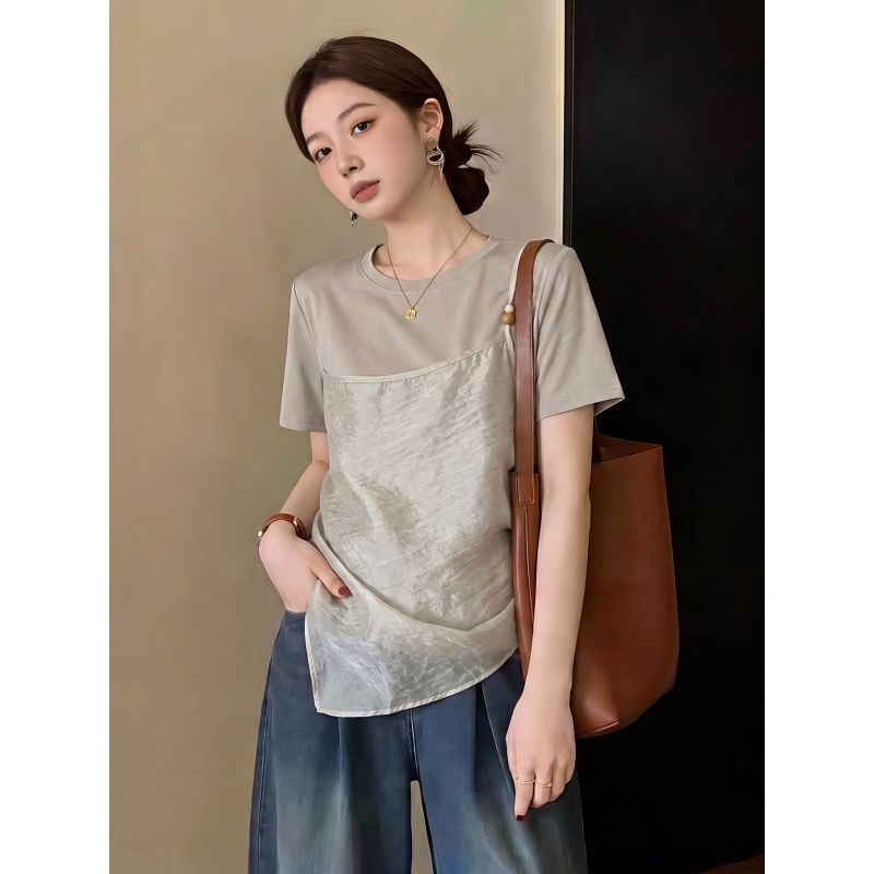 Plus-Size Regular Shoulder Short-Sleeve T-Shirt for Women, 2026 Summer New Style, Faux Two-Piece Top for Curvy Women