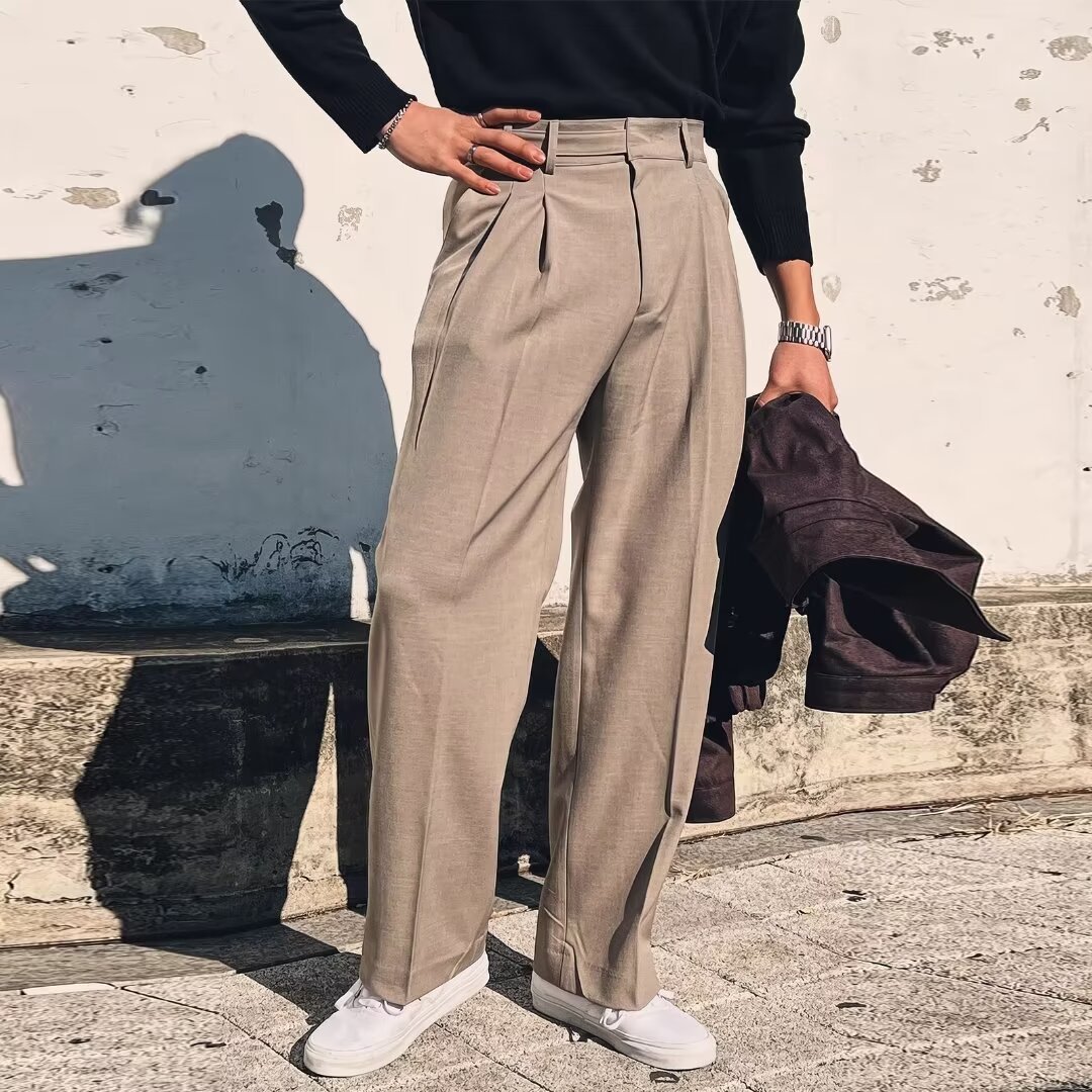 Dongdamen pantalones de trajes de piernas anchas pantalones rectos de tela de tela de tela de tela masculina fábrica transfronteriza al por mayor proceso de escaldado image 7