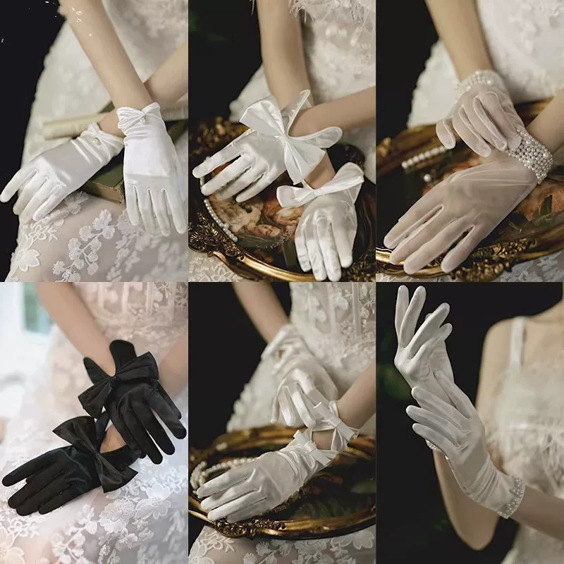 Short Lace Bridal Gloves with Pearls and Bow, Wrist-Length Elegant Wedding Accessory
