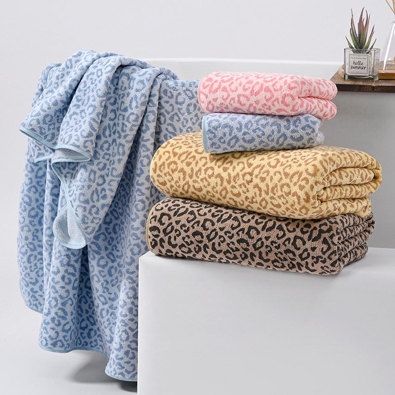 Towel Set for Wiping Hair, Cross-Border Coral Fleece Leopard Print Bath Towel Set, Jacquard Absorbent Quick-Dry Bath and Home Hair Drying Set