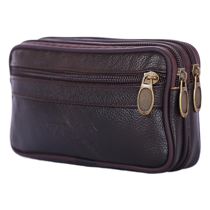 Manufacturer Wholesale Mobile Phone Waist Bag with Double Zipper, Casual and Fashionable Mobile Phone Bag, Cowhide Leather Belt Bag for Middle-Aged and Elderly Men