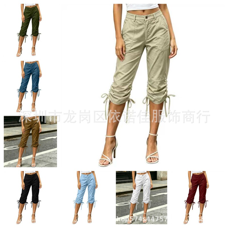 2026 Summer Women's Slim Fit Solid Color Pocket Drawstring Cargo Pants Capri Pants