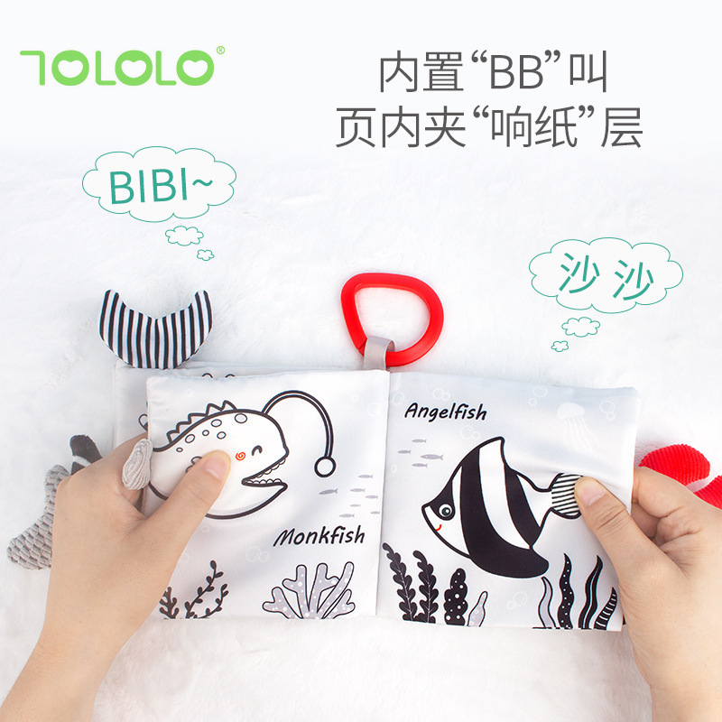 TOLOLO Baby Early Education Tail Cloth Book Visual Stimulation Toy Non-Tearable Cartoon Black and White Red Cloth Book