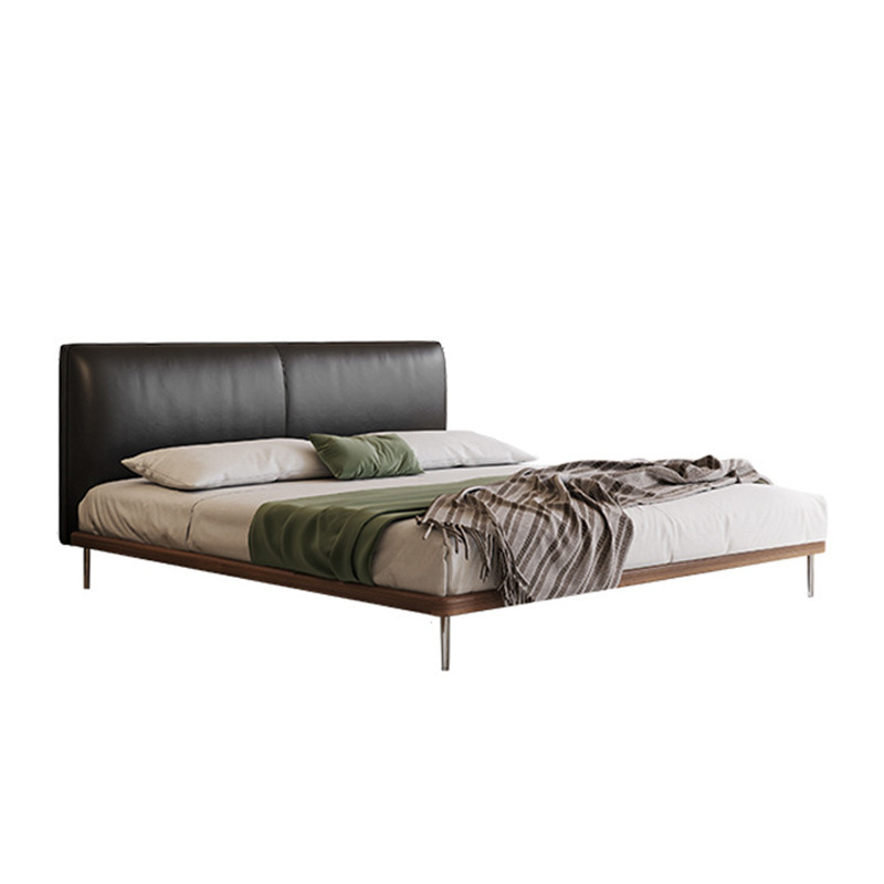 Cama de cuero minimalista italiana, cama negra delgada, cama de madera maciza retro, cama de madera blanda moderna, cama de tofu delgada