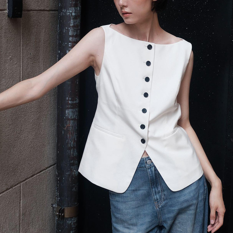 Mc Vest 26 Autumn/Winter Elastic Cotton High-Waisted Slim-Fit Sleeveless Blazer Vest Mbe3Top027