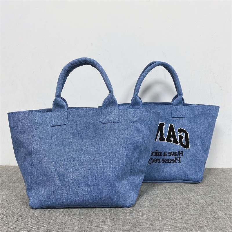 乐天出口日韩GAN毛巾绣做旧蓝帆布包休闲购物袋手提袋tote 托特包