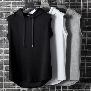 Sleeveless Hooded T-Shirt Men's Fashionable Brand Simple Loose Summer Personalized Sweat Vest Hip-Hop Fashionable Fitness Shoulder Waistcoat Sports