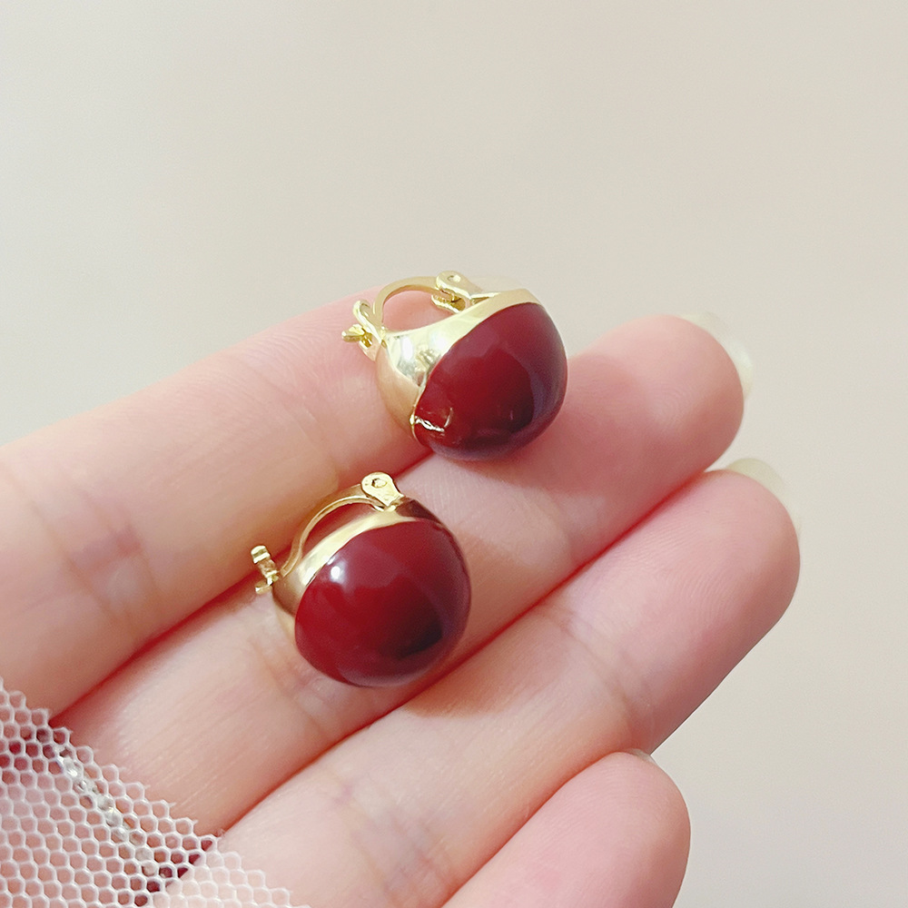 [真金电镀 ]耳环女日韩风酒红色豆豆复古小众耳饰秋冬时尚气质网