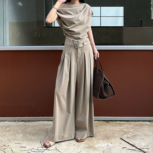 Apricot Irregular Off-the-Shoulder Wide Leg Pants Set Women Fashion Design Sense Top Graceful Suit Long Pants Two-Piece Set 
