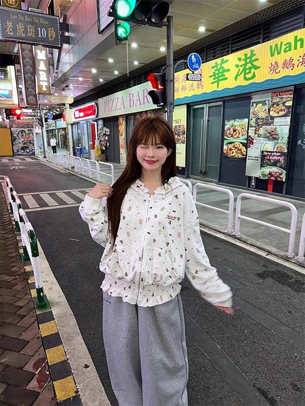 美式辣妹满印褶皱木耳边连帽卫衣女秋季新款薄款慵懒宽松短款外套|undefined