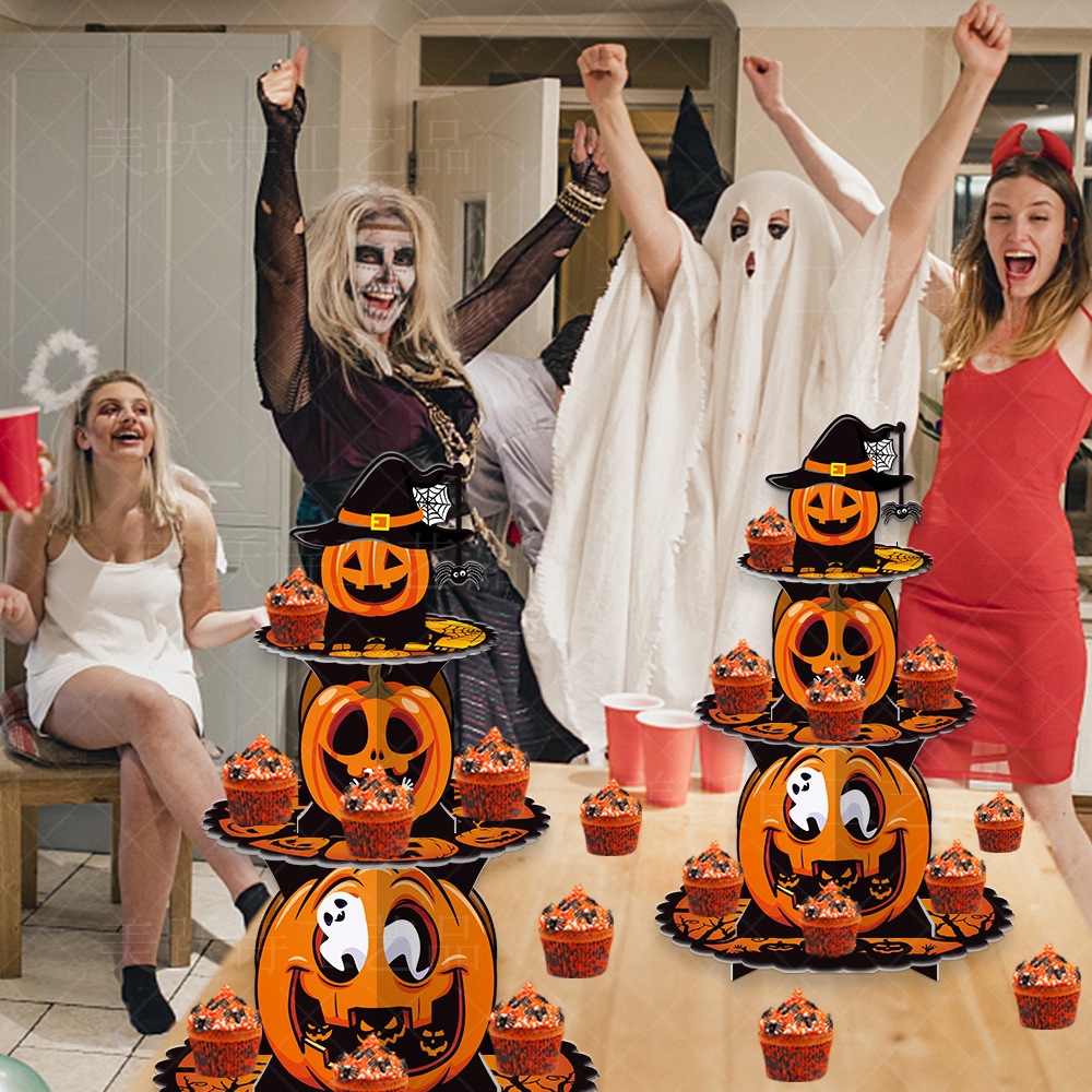 Cruz-frontera decoración de Halloween calabaza multi-capa de soporte de la torta fantasma Festival Fiesta postre mesa de papel de múltiples capas bandeja de la torta