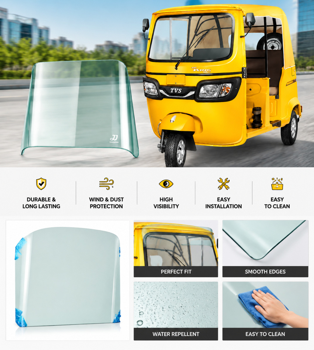 Export to Africa: BAJAJ RE45 Tuk-Tuk windshield, TVS King three-wheeled motorcycle interlayer