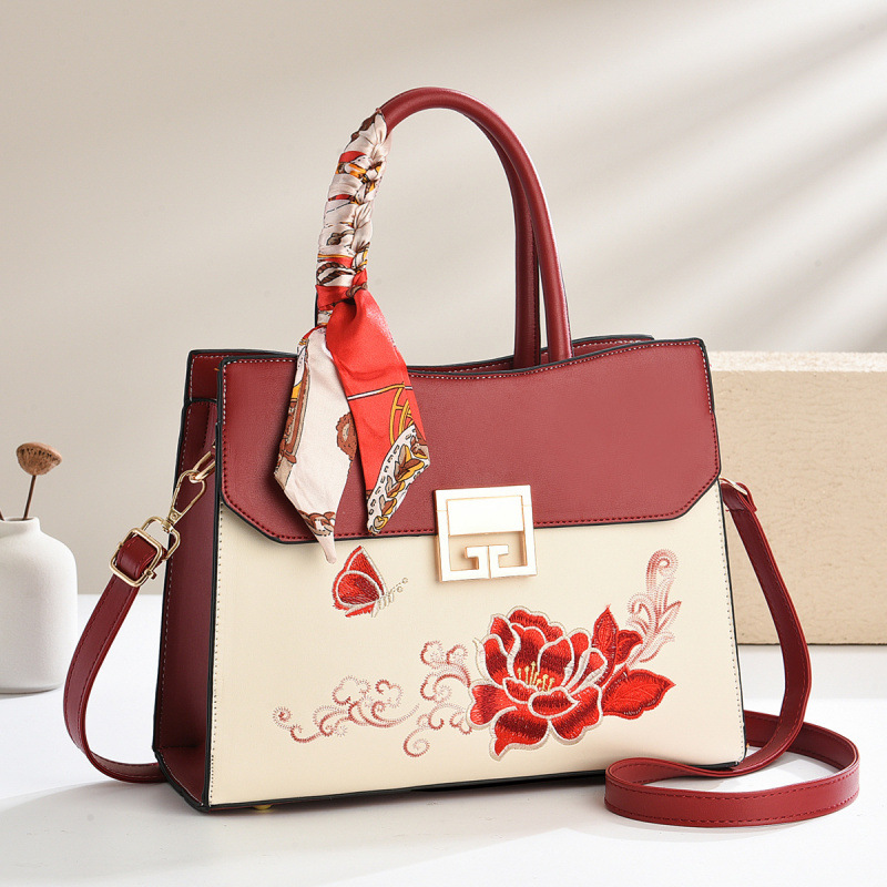 Bolso Bandolera con Bordado Tradicional para Mujer de PU con Bordado y Cierre de Cremallera para Uso Diario
