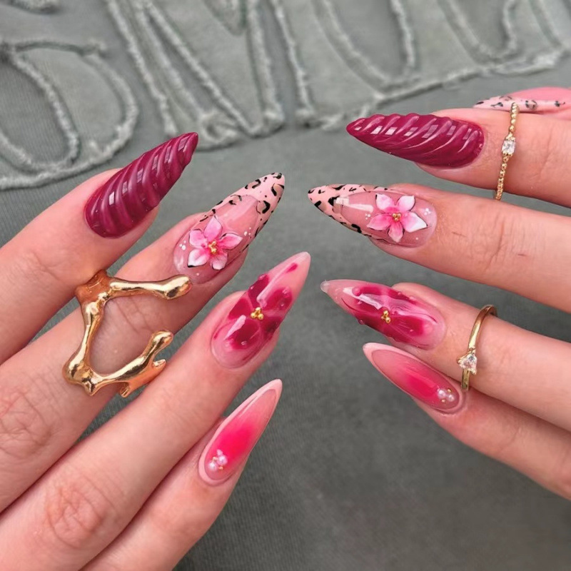 30Pcs Wearable Nails Cross-Border Almond-Shaped Ns Style Colorful Red Fake Nails Glue Stereo Stripesd Steel Ball Nails 30Pcs Wearable Nails Cross-Border Almond-Shaped Ns Style Colorful Red Fake Nails Glue Stereo Stripesd Steel Ball Nails