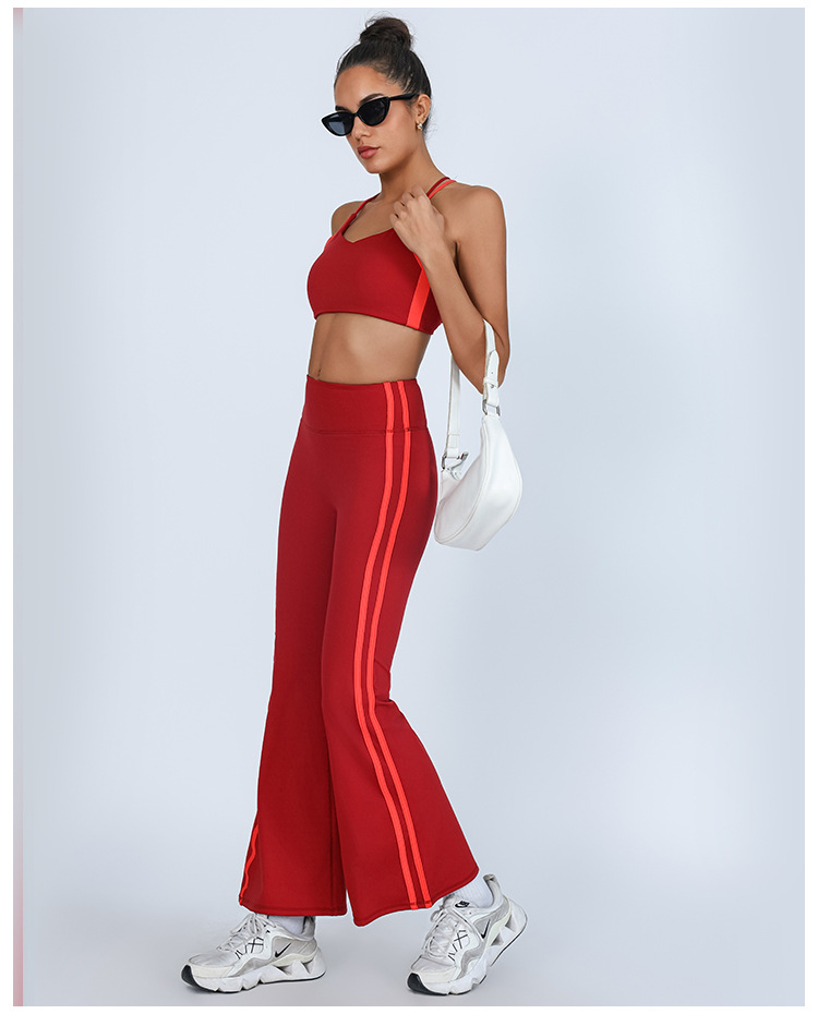 Comercio exterior transfronterizo europeo y americano nuevo traje de yoga belleza femenina chaleco cruzado de color de contraste cintura alta pantalones acampanados blancos de secado rápido