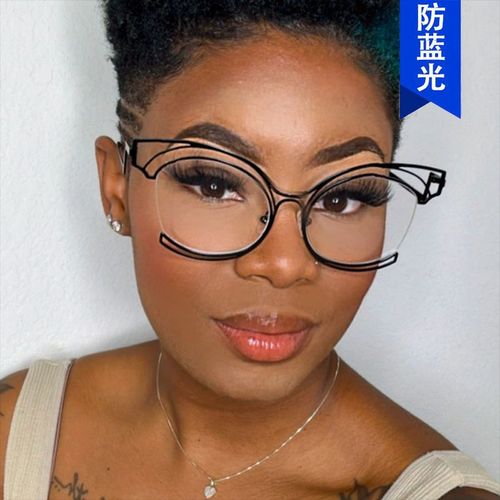 Folding curved legs cat-eye large frame hollow flat mirror  new metal glasses frame ins concave shape anti-blue light