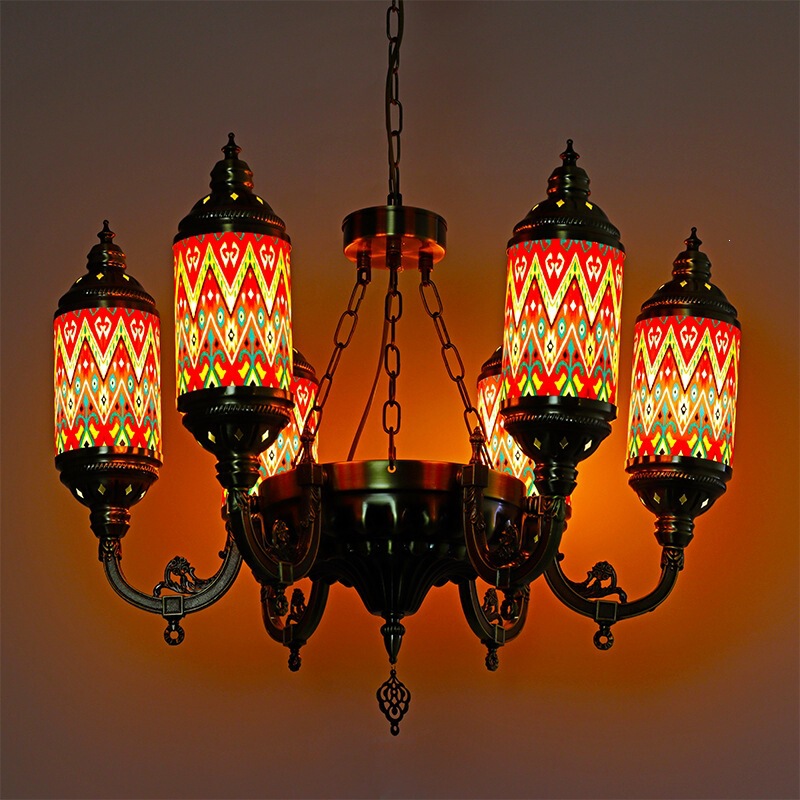 Xinjiang-style exotic retro wrought iron chandelier, suitable for bars, industrial-style restaurants, living rooms, and tea rooms; Thai-style lighting fixtures