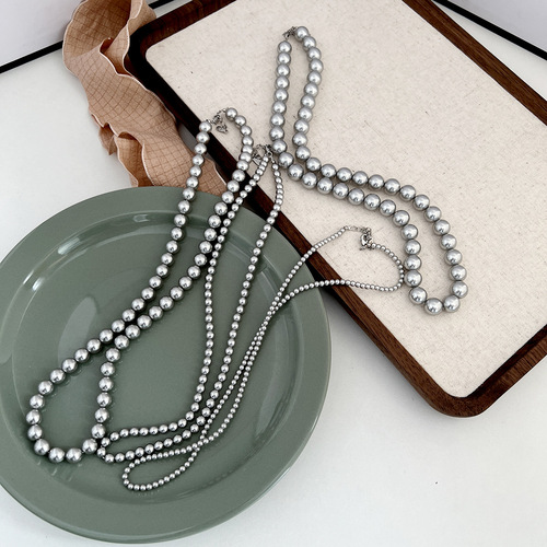 Silver gray 616# perfect round pearl necklace, hemp colored niche clavicle necklace,  new trendy accessories