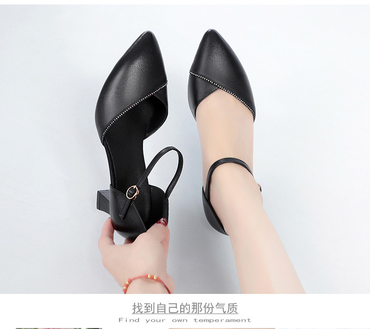 Sandal quai ngang da thật gót vuông mũi nhọn cho nữ, giày cao gót hở mũi kiểu dáng sang trọng — Màu be chi tiết 20