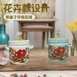 珐琅搪瓷茶叶罐糖罐油罐储存罐外贸出口有盖带滤网花卉款厂家批发