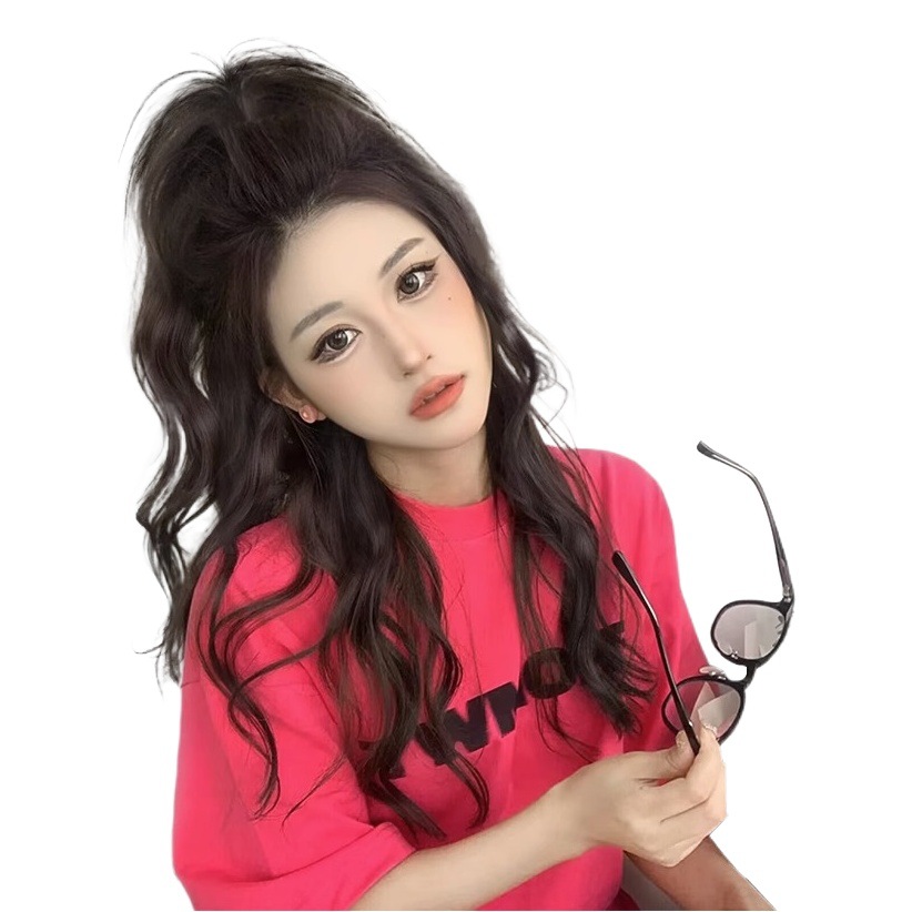 Semi-atado cascada alta Cola de Caballo peluca clip femenino artificial cabello humano perezoso trenza natural esponjoso Pelo Rizado falso cola de caballo