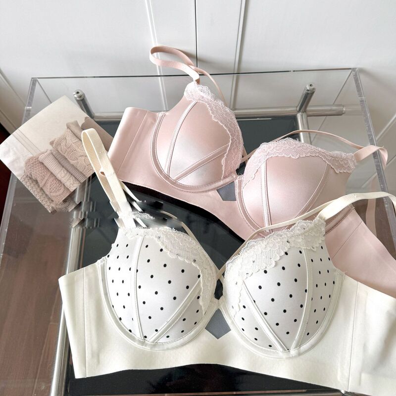 "Monroe's Handwritten" French Retro Intimates for Women with Small Breasts Pushed up to Look Bigger and Sexy Satin Polka Dot Bra Set