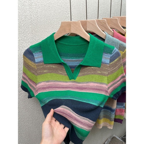 New  Summer Rainbow Striped Contrast Collar Knit Short Sleeve Top