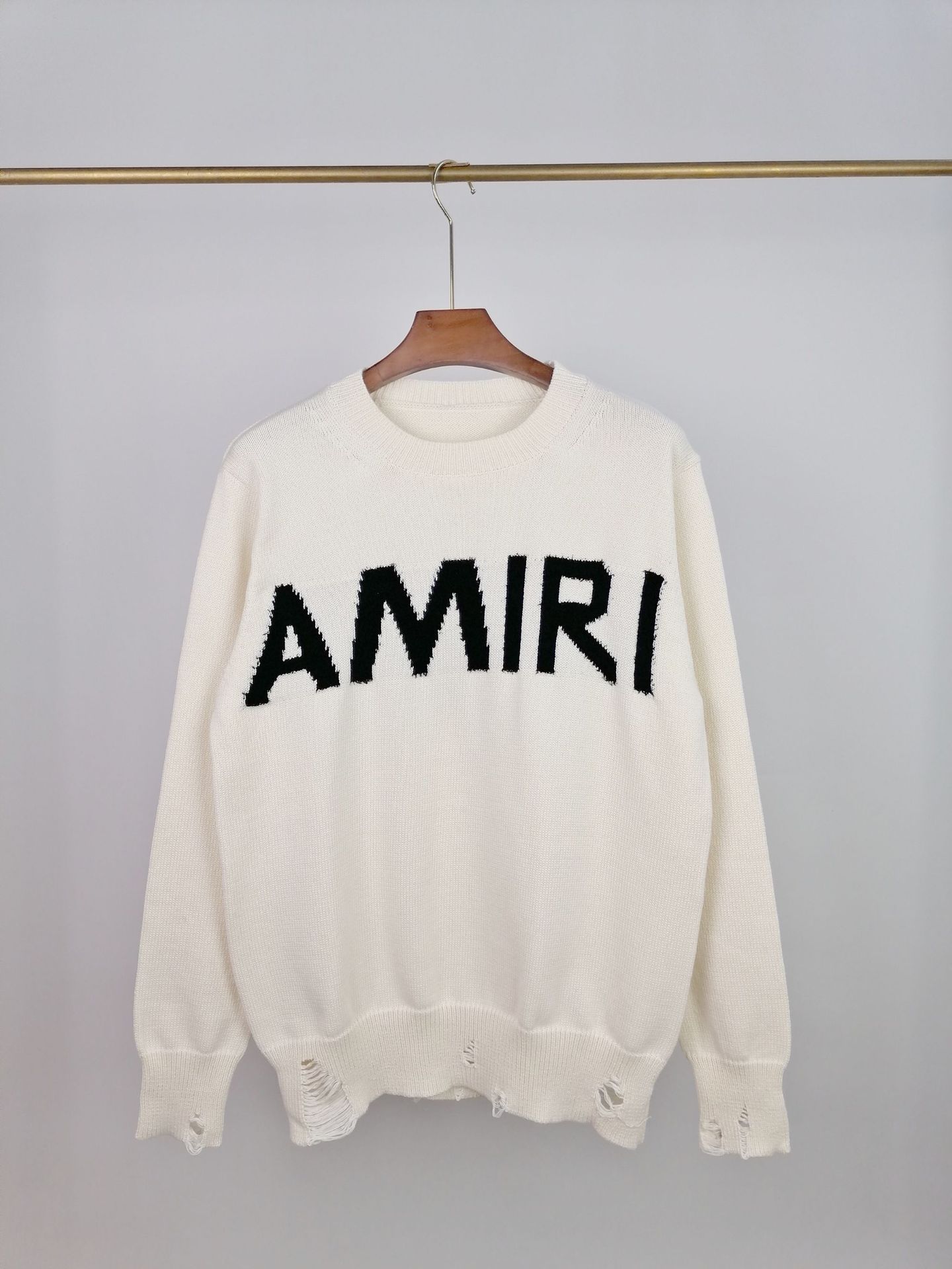 Amiri Crewneck Sweater Distressed Logo Jacquard White