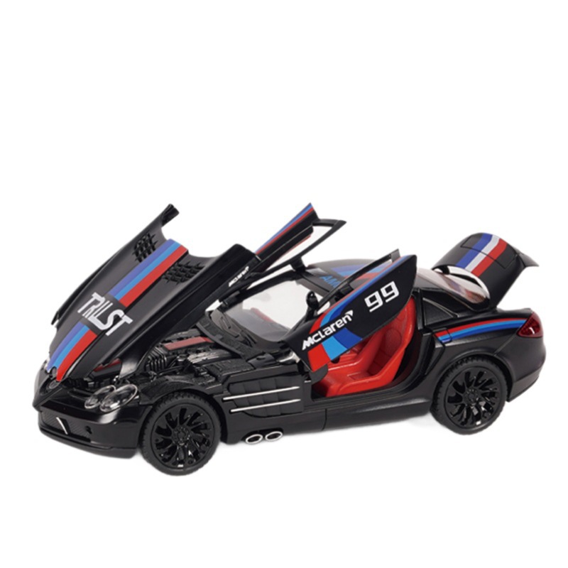 Modelo de coche de aleación Mercedes-Benz SLR graffiti edition a escala 1:24 con sonido y luz, función de retroceso, decoración para escaparate, juguete educativo para niños y adultos.
