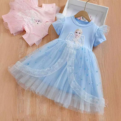 2024夏季新款女童連衣裙女寶寶短袖蓬蓬紗裙艾莎裙兒童愛莎公主裙
