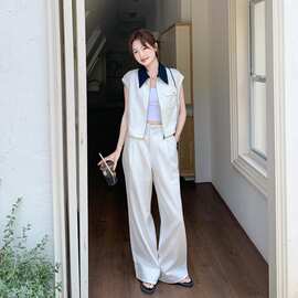 法式撞色翻领工装马甲阔腿裤休闲两件套女2026夏季盐系轻熟两件套