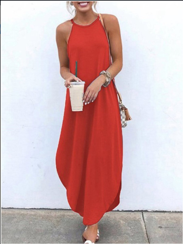 Independent Website Cross-Border New Product Solid Color Printed Summer Women's Halter Neck Strap Dress with Slit Long Skirt Printed Dress