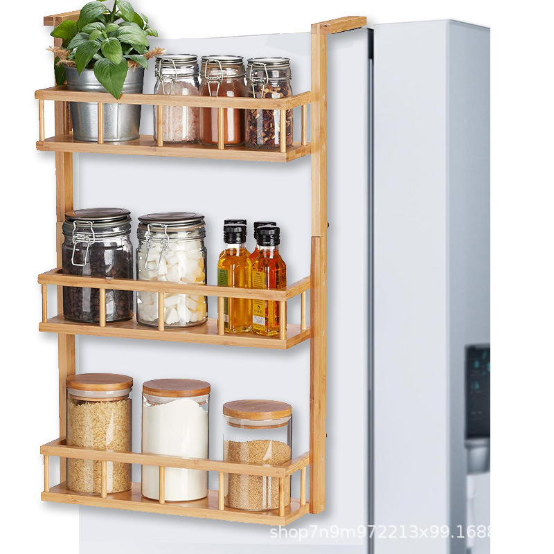 Wooden kitchen shelves refrigerator side multi-layer punch-free spices and sundries living room flower rack storage bracket