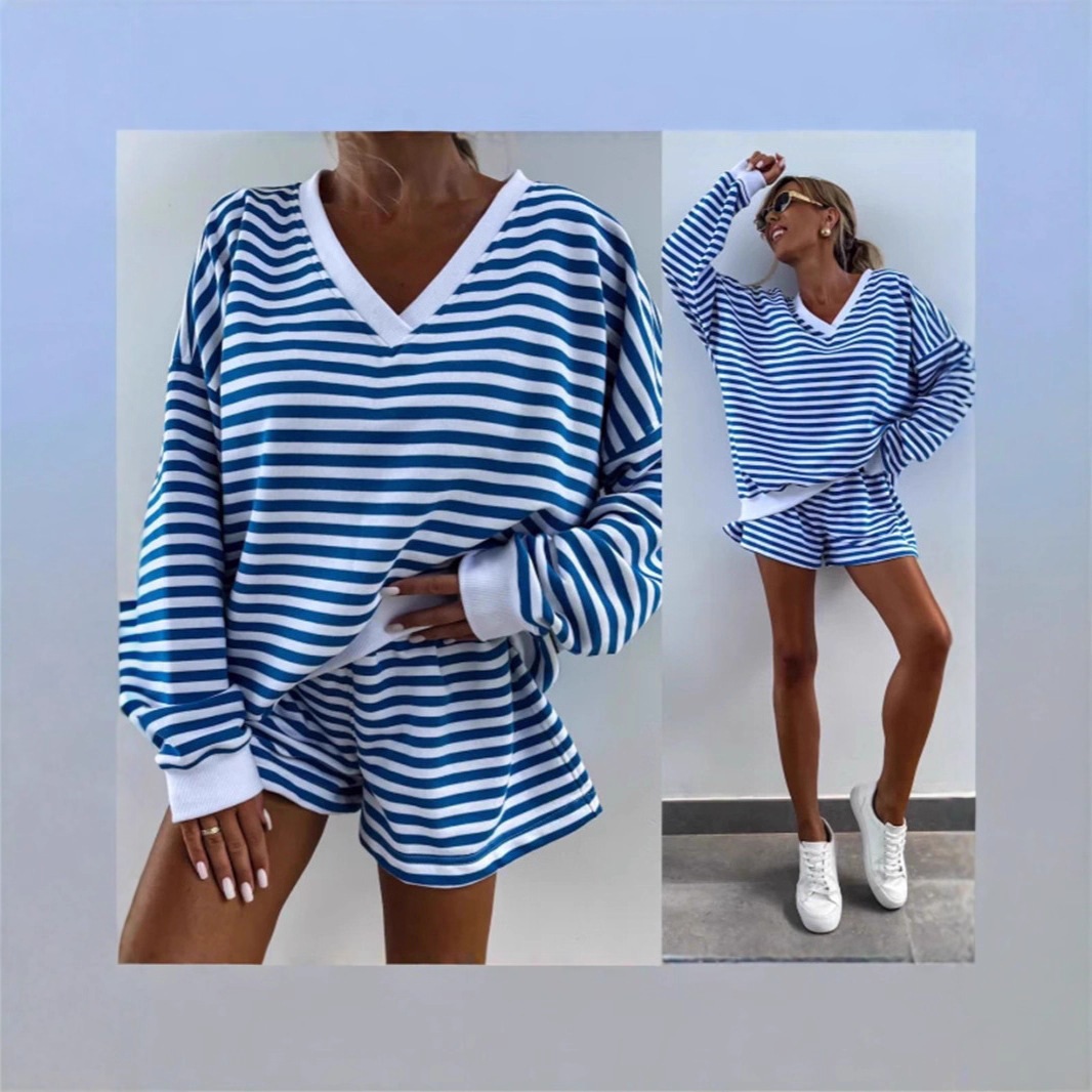 Summer New Women's Casual Striped Long Sleeve V-Neck Loose Top Sports Shorts 2-Piece Set For Women_ecoleips.com