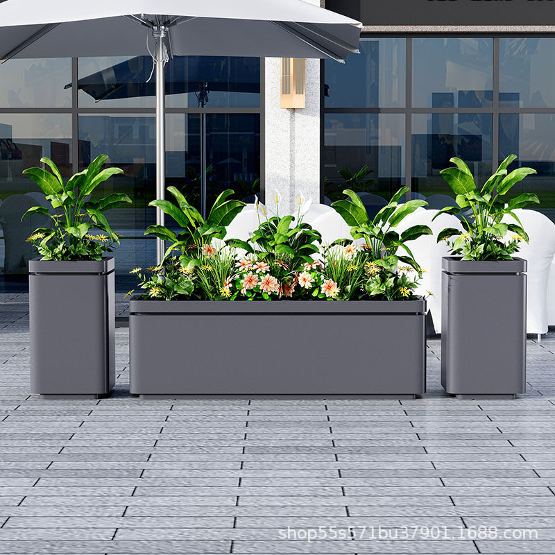 Barrera de hierro forjado al aire libre tanque de flores de acero inoxidable combinación caja de plantación rectangular departamento de ventas plaza carretera municipal